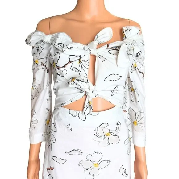 Isa Arfen White Floral Print Tie Knot Front Cutout Mini Dress 3/4 Sleeve Small - Picture 4 of 8